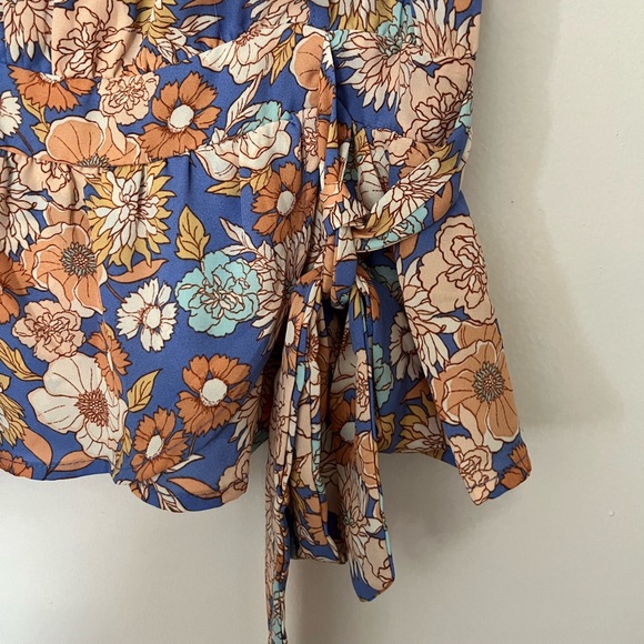 Women’s Sienna Sky cold shoulder Blouse Blue and Orange Floral with tie front - Picture 3 of 5